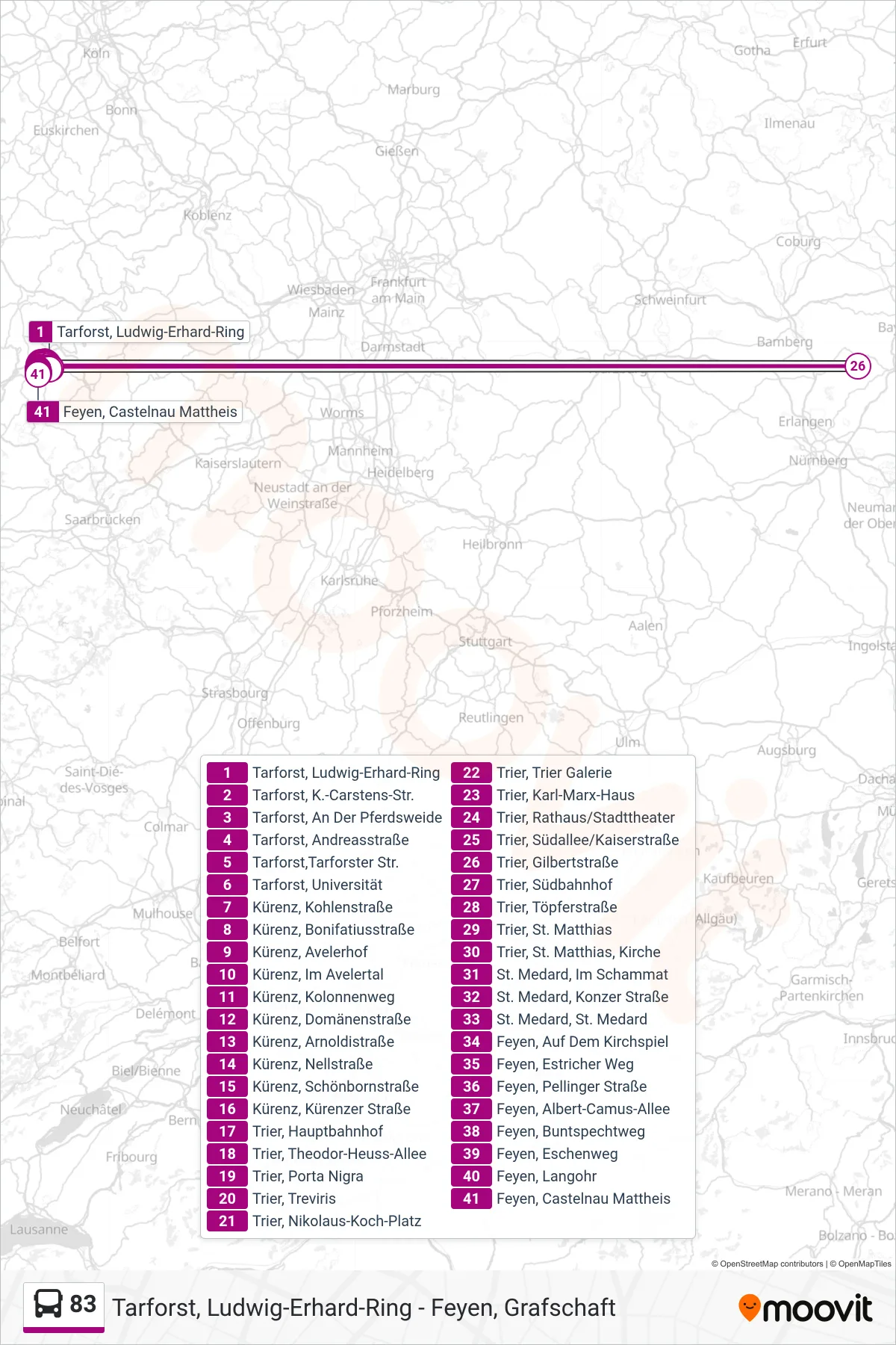 83 bus Line (Feyen, Castelnau Mattheis) route and stops on a map