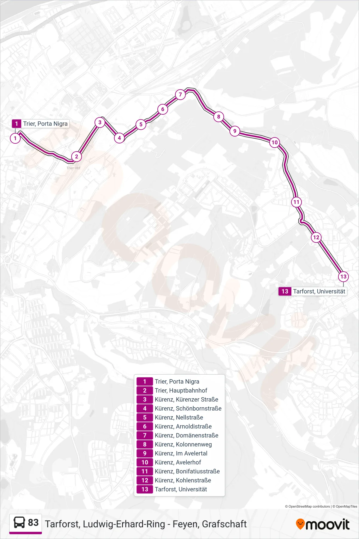 83 bus Line (Tarforst, Universität) route and stops on a map