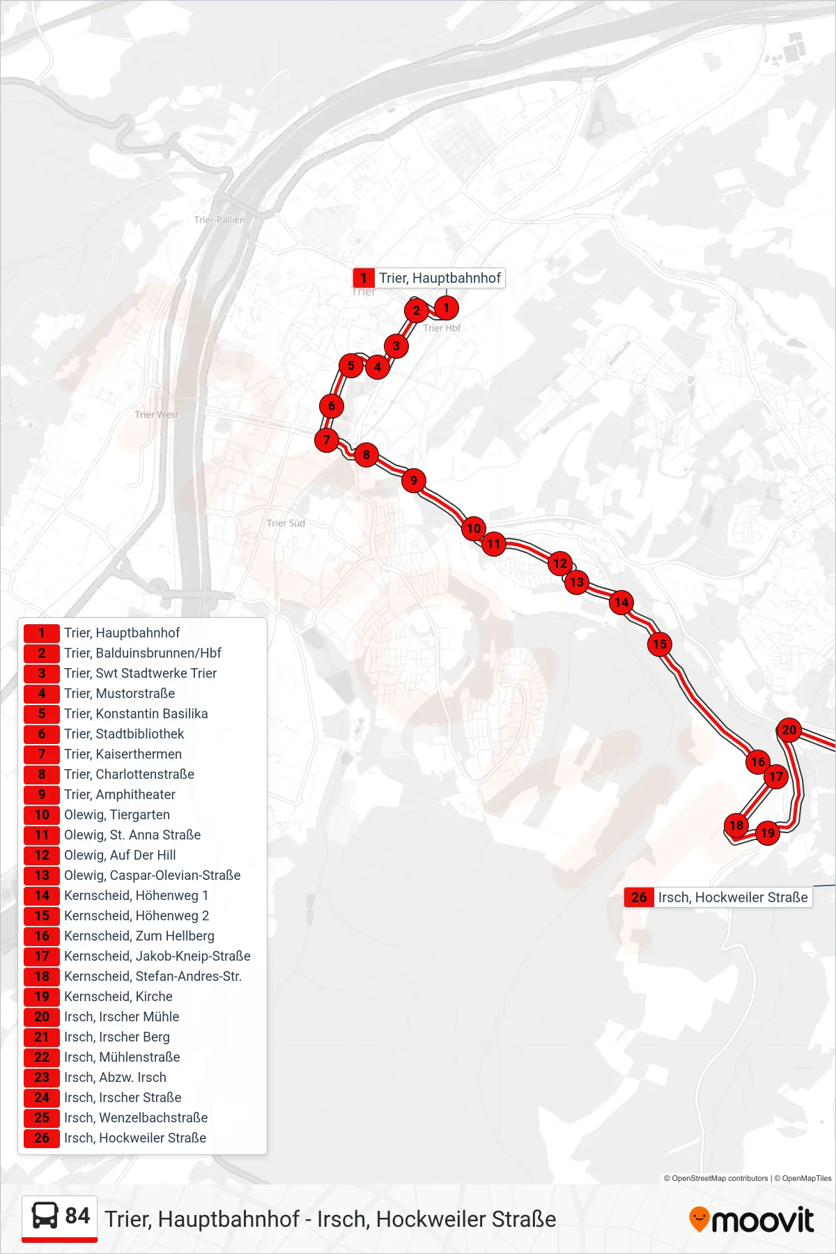 Linie 84 (Bus) Richtung Irsch, Hockweiler Straße: Route und Haltestellen auf der Karte