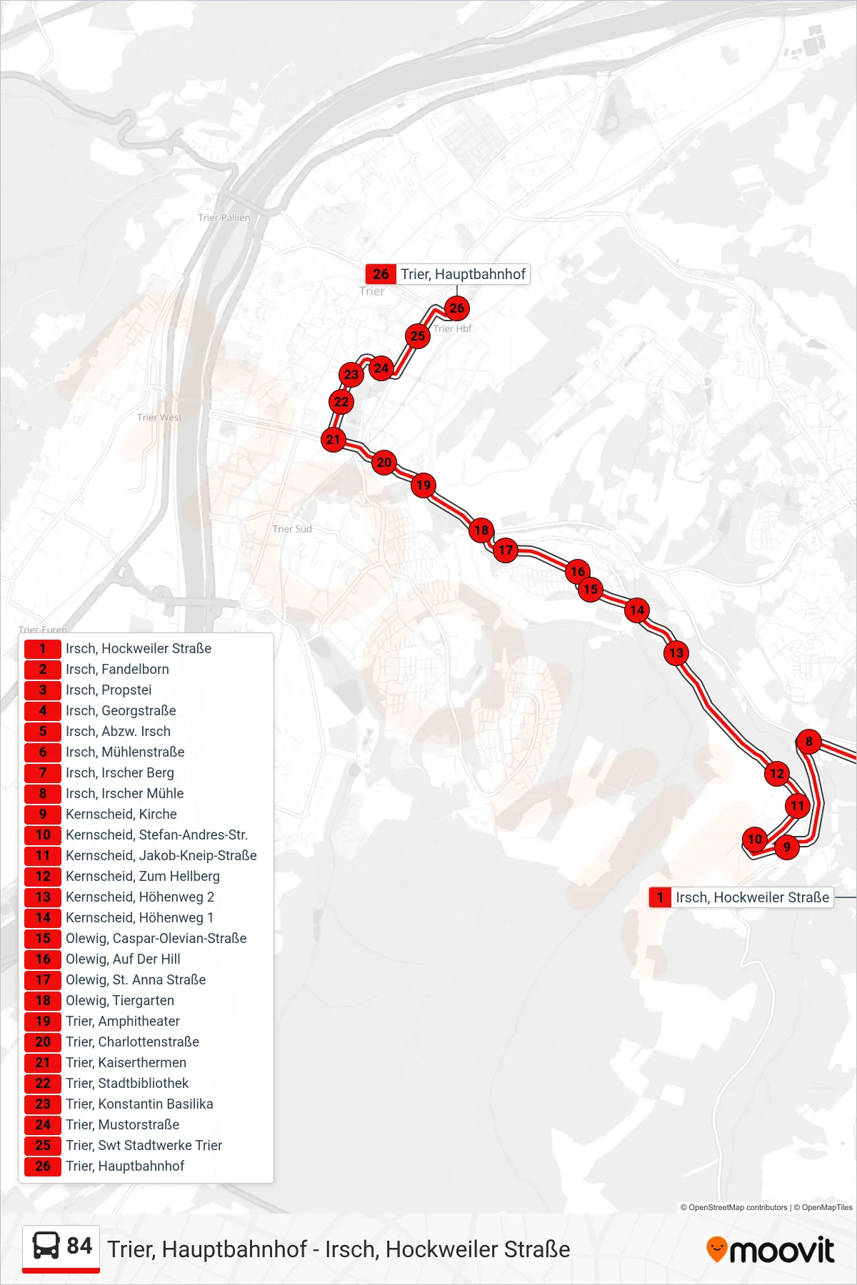 84 bus Line (Trier, Hauptbahnhof) route and stops on a map