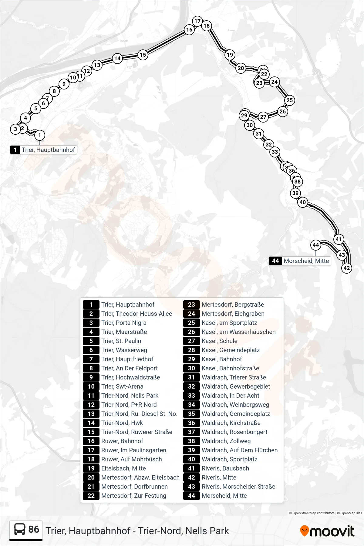 86 bus Line (Morscheid, Mitte) route and stops on a map