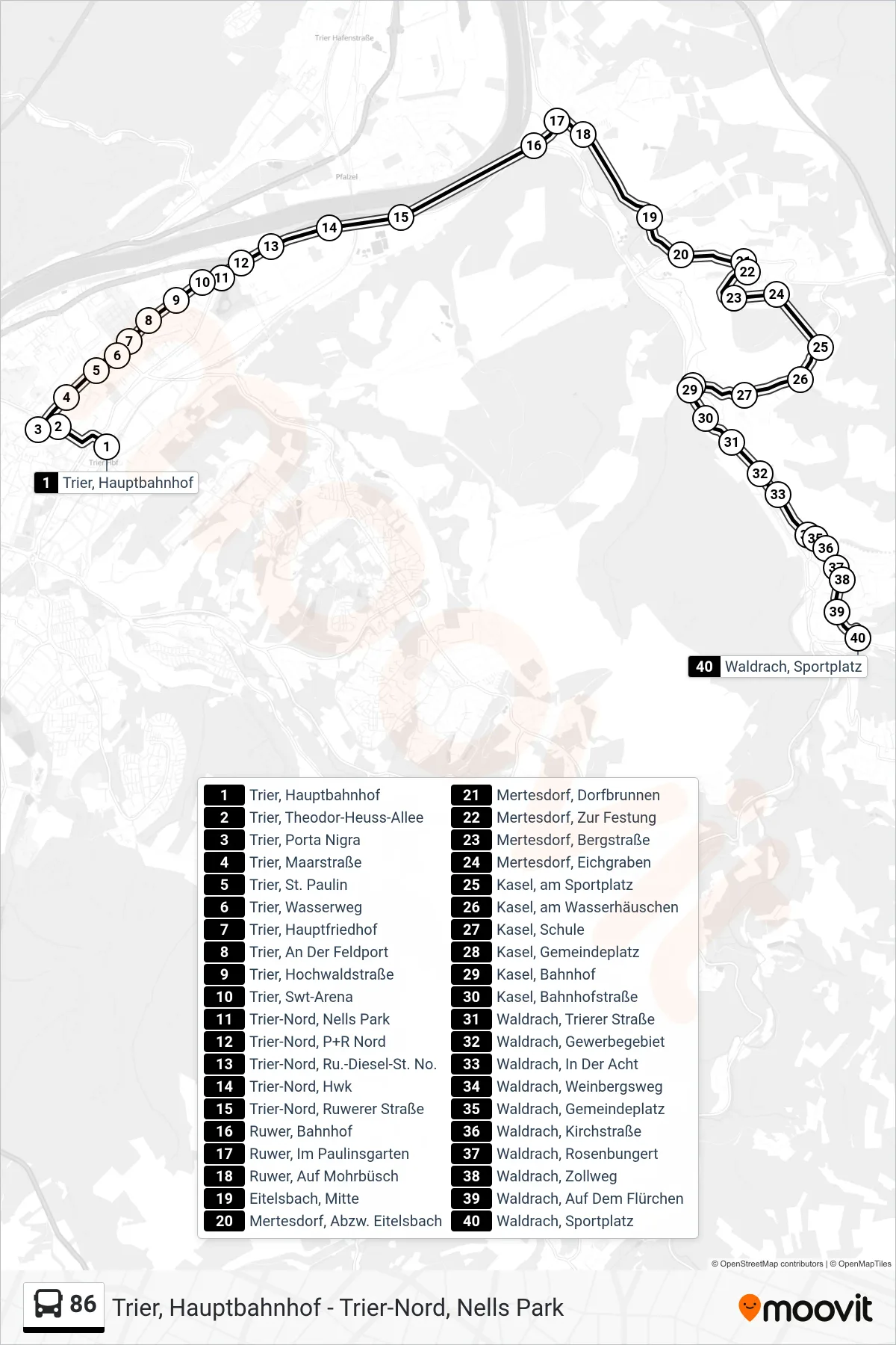 86 bus Line (Waldrach, Sportplatz) route and stops on a map