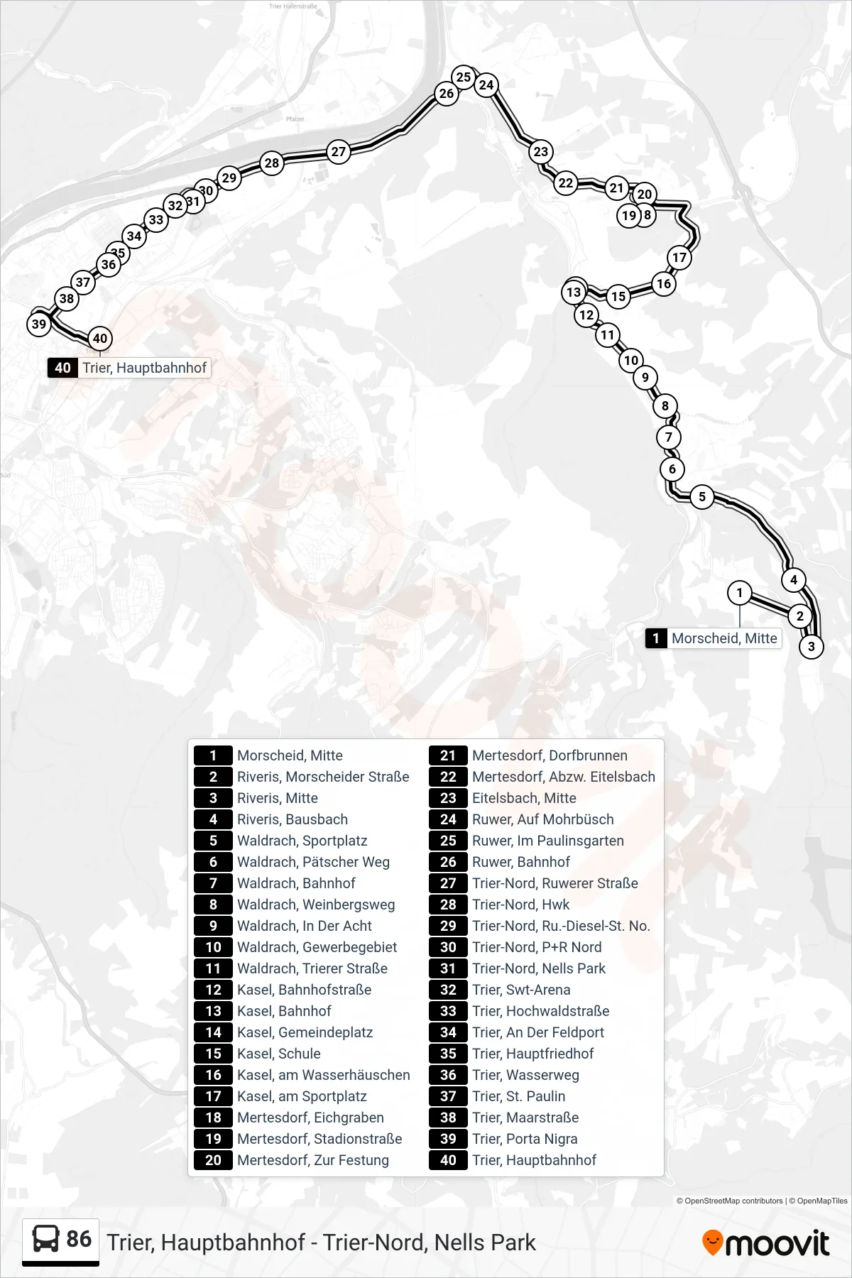 86 bus Line (Trier, Hauptbahnhof) route and stops on a map