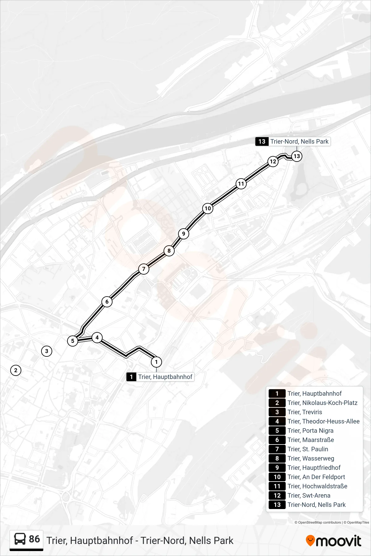 86 bus Line (Trier-Nord, Nells Park) route and stops on a map