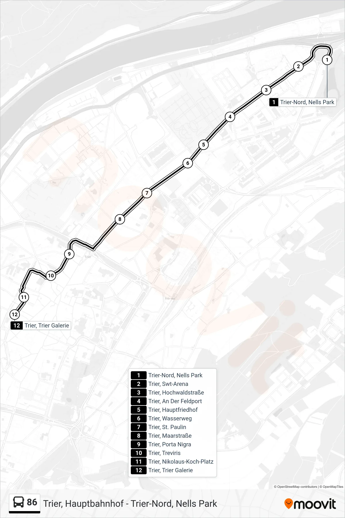 Linie 86 (Bus) Richtung Trier, Trier Galerie: Route und Haltestellen auf der Karte