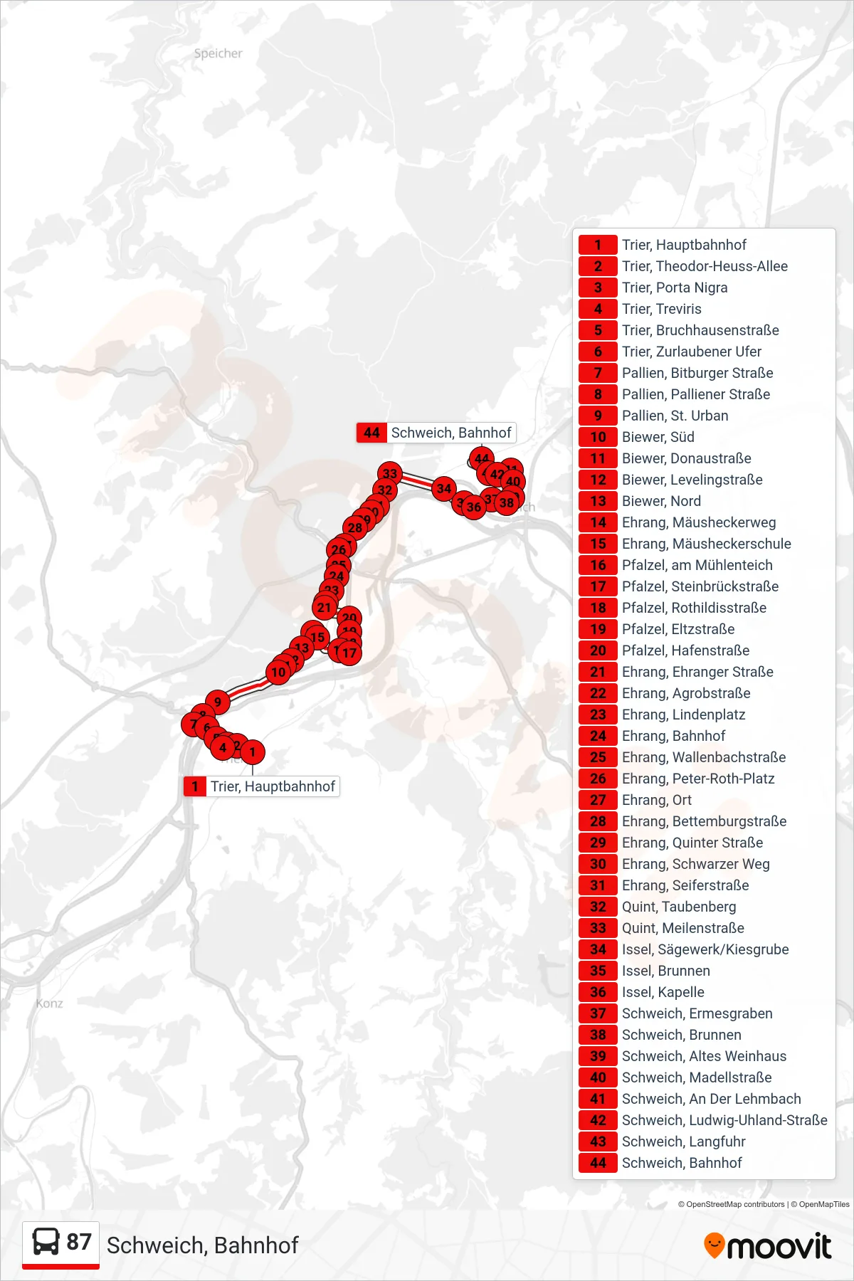 87 bus Line (Schweich, Bahnhof) route and stops on a map