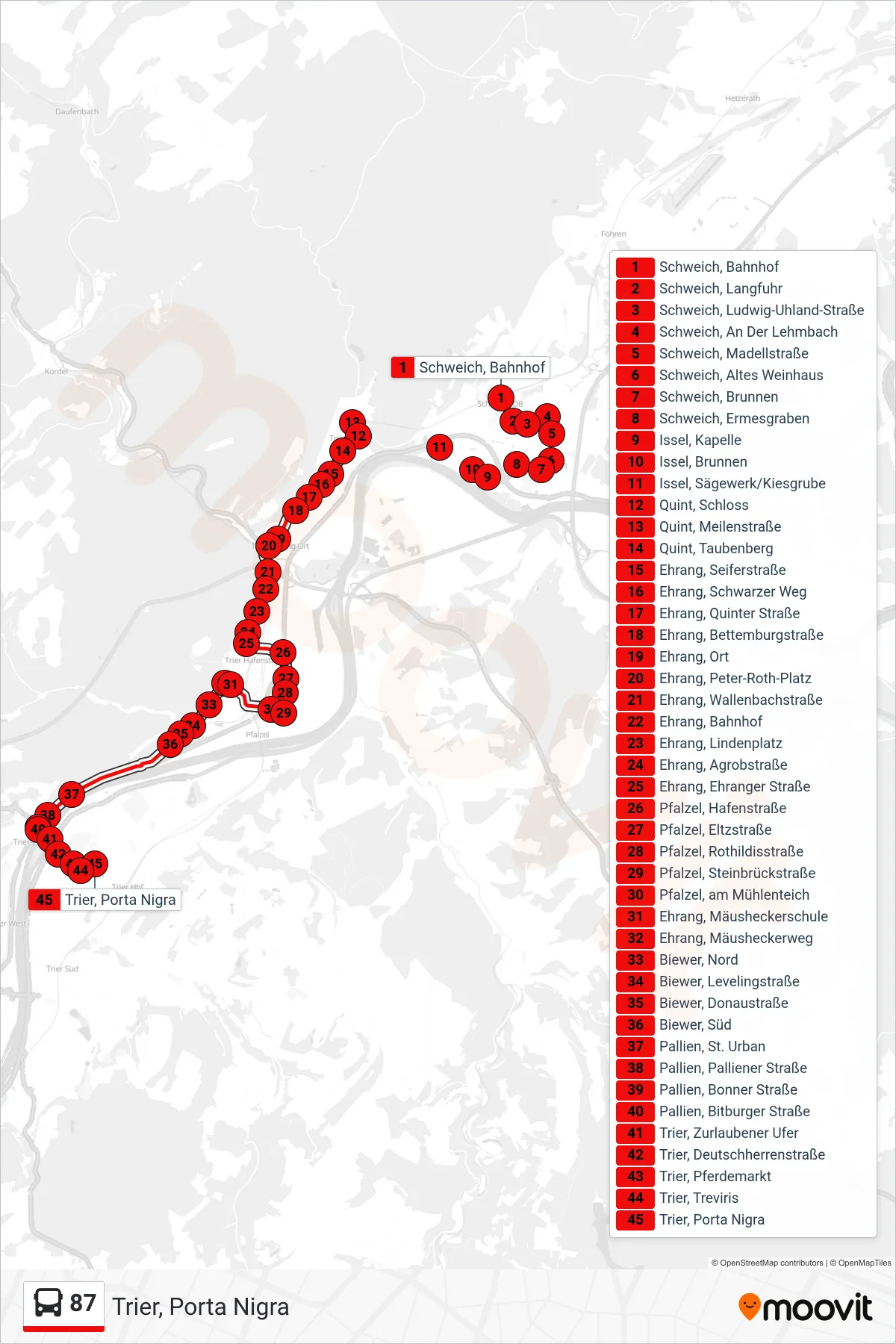 87 bus Line (Trier, Porta Nigra) route and stops on a map