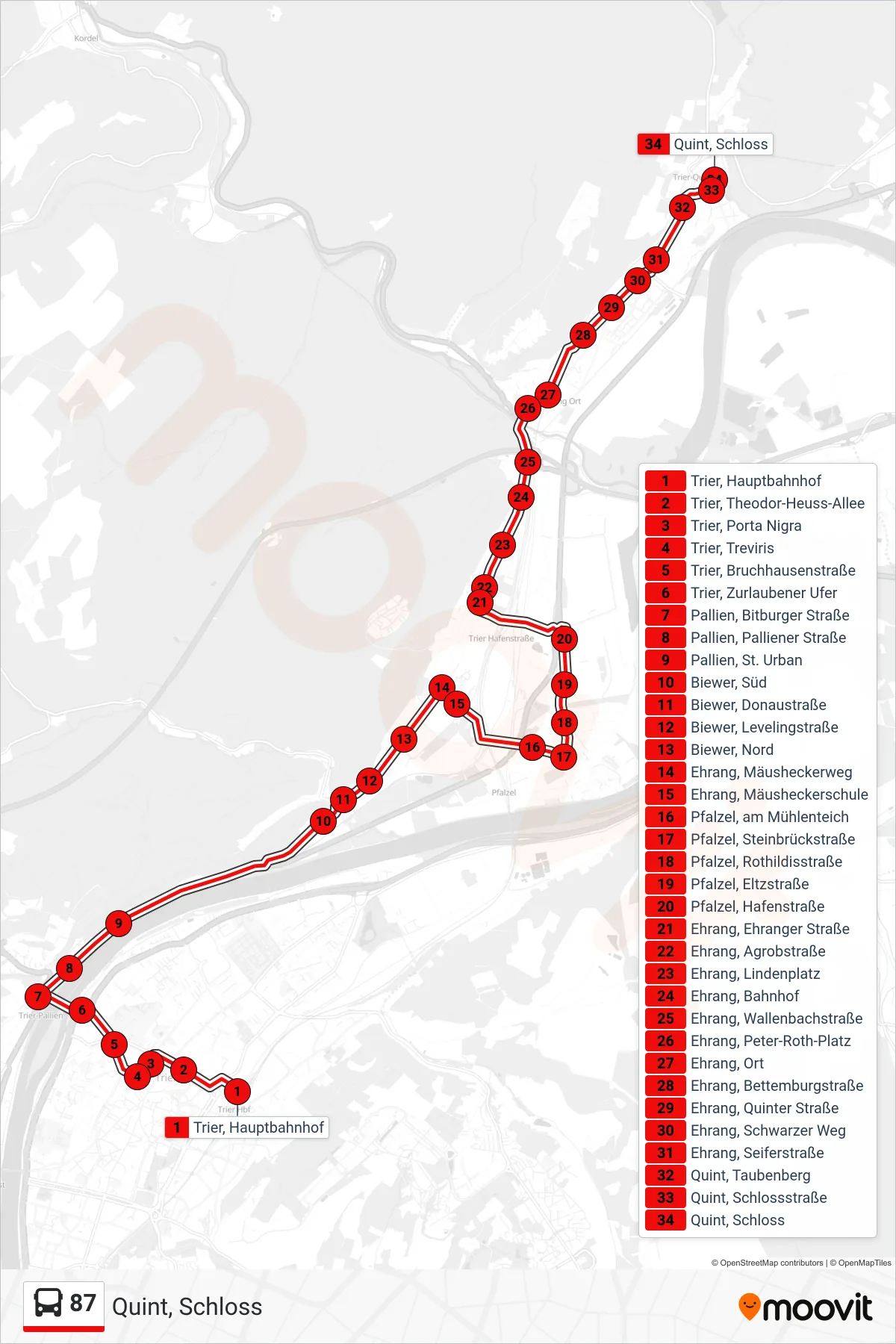 87 bus Line (Quint, Schloss) route and stops on a map