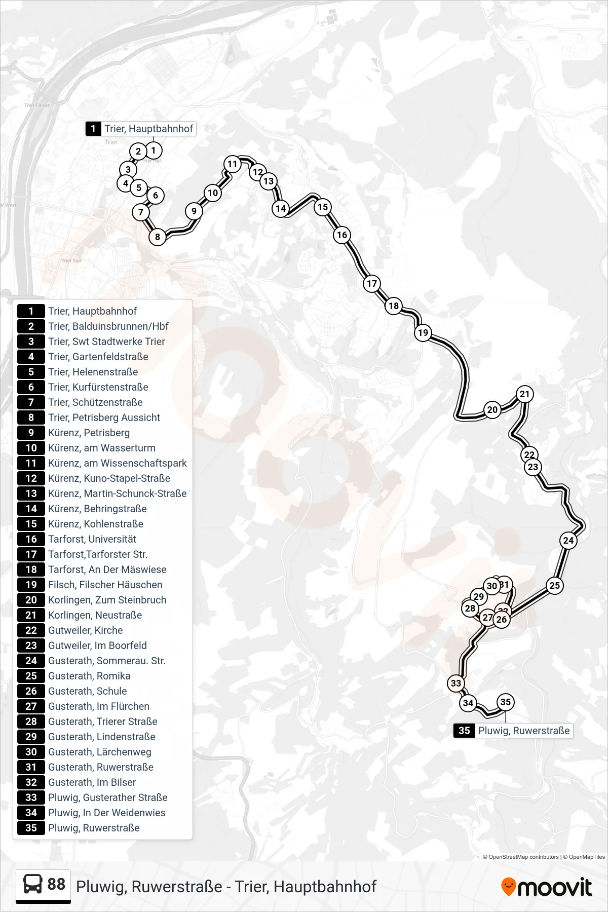 Linie 88 (Bus) Richtung Pluwig, Ruwerstraße: Route und Haltestellen auf der Karte