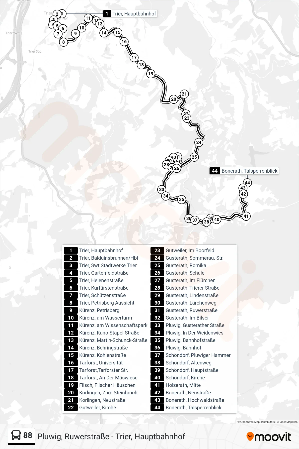88 bus Line (Bonerath, Talsperrenblick) route and stops on a map