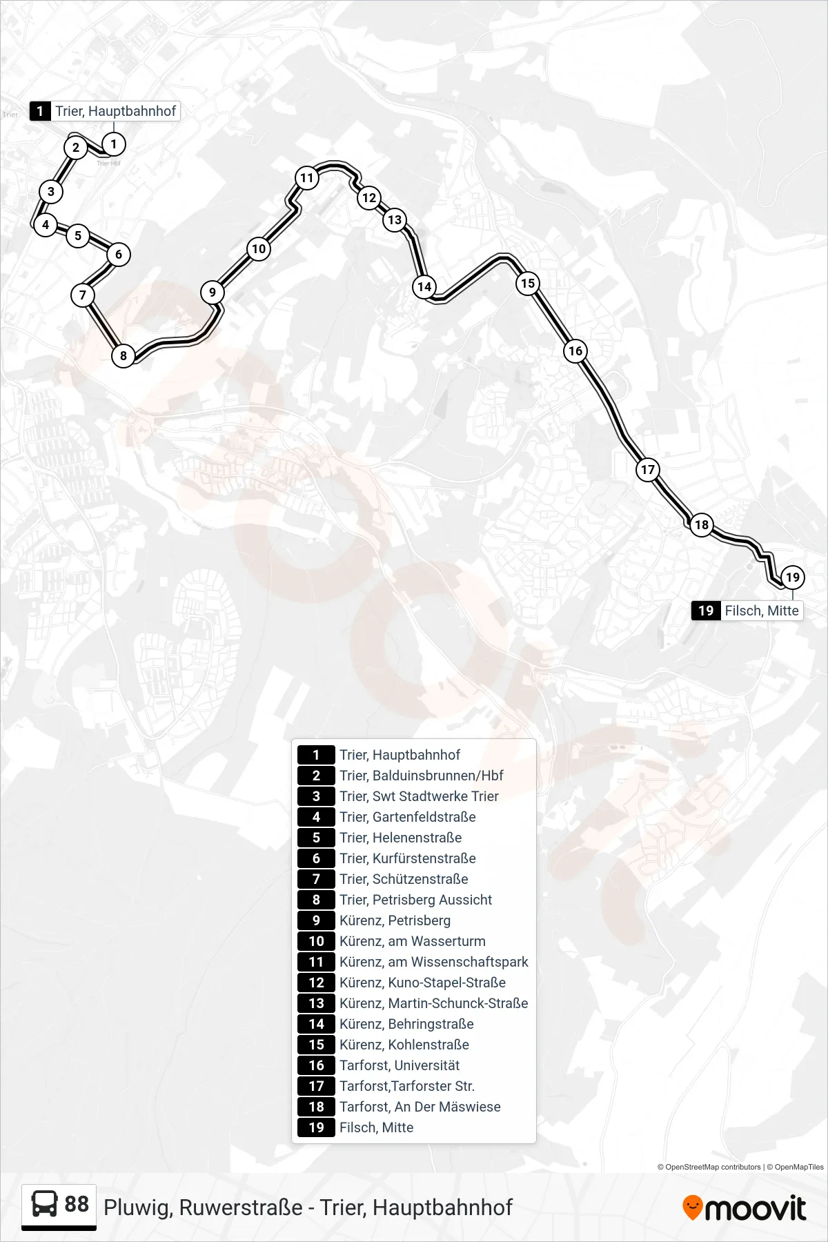 88 bus Line (Filsch, Mitte) route and stops on a map
