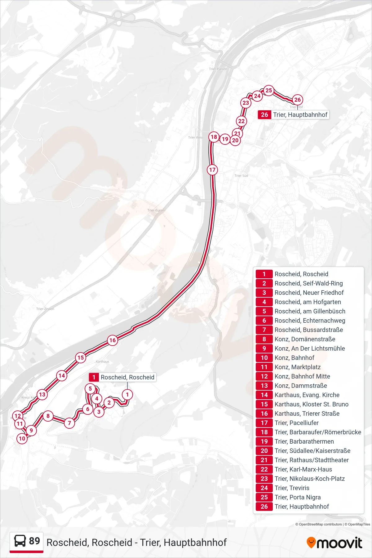 89 bus Line (Trier, Hauptbahnhof) route and stops on a map