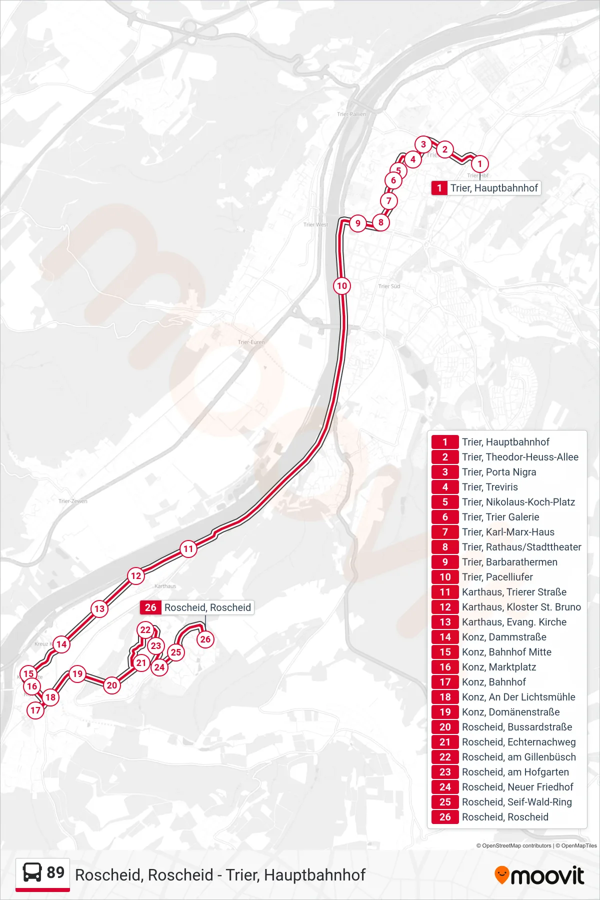 89 bus Line (Roscheid, Roscheid) route and stops on a map