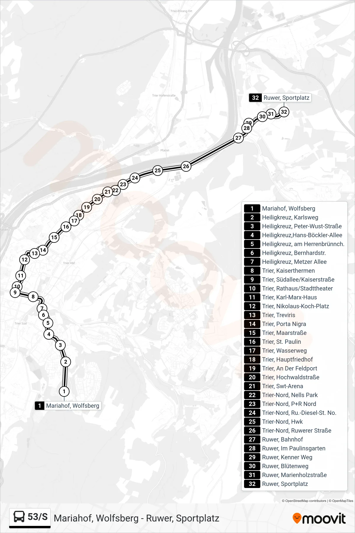 53/S bus Line (Ruwer, Sportplatz) route and stops on a map
