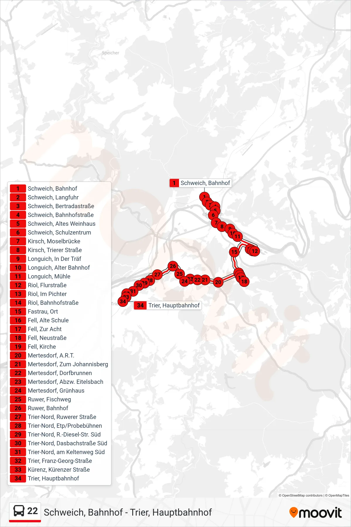 22 bus Line (Trier, Hauptbahnhof) route and stops on a map
