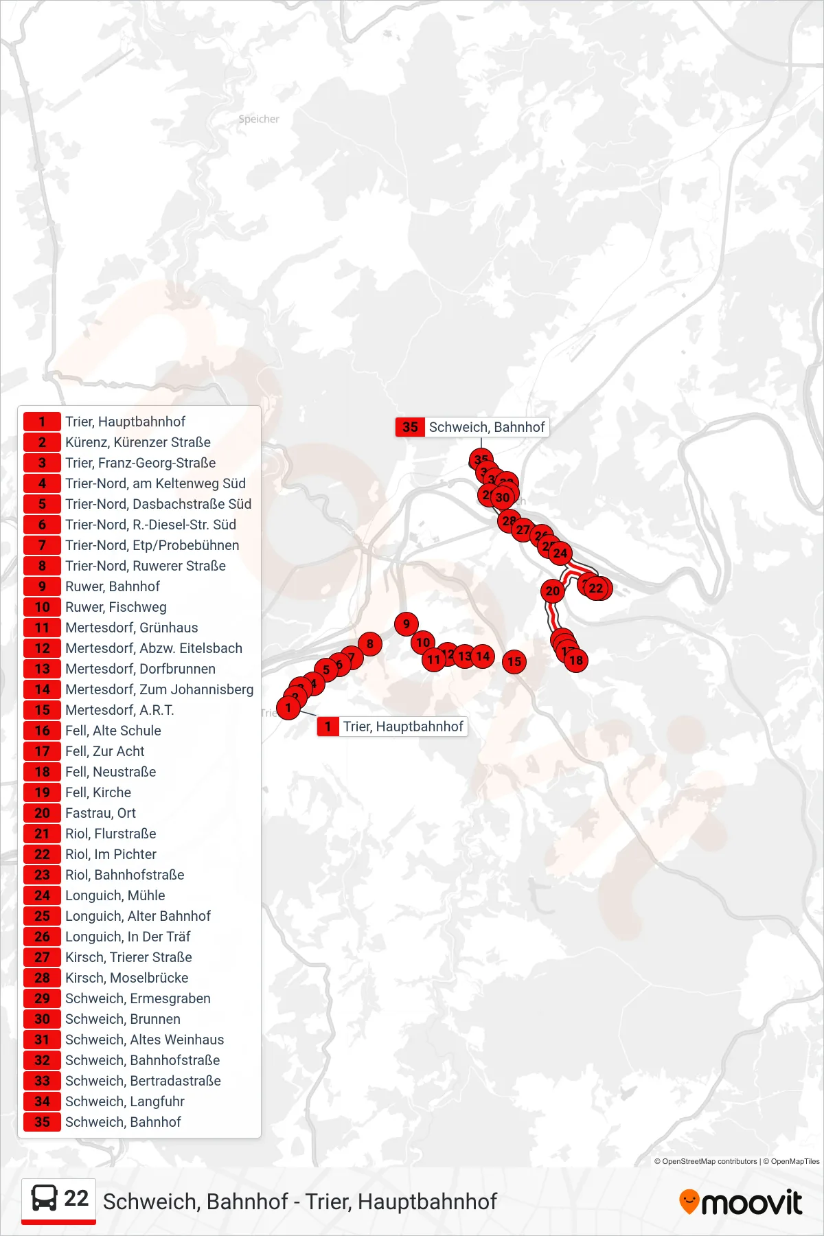 22 bus Line (Schweich, Bahnhof) route and stops on a map
