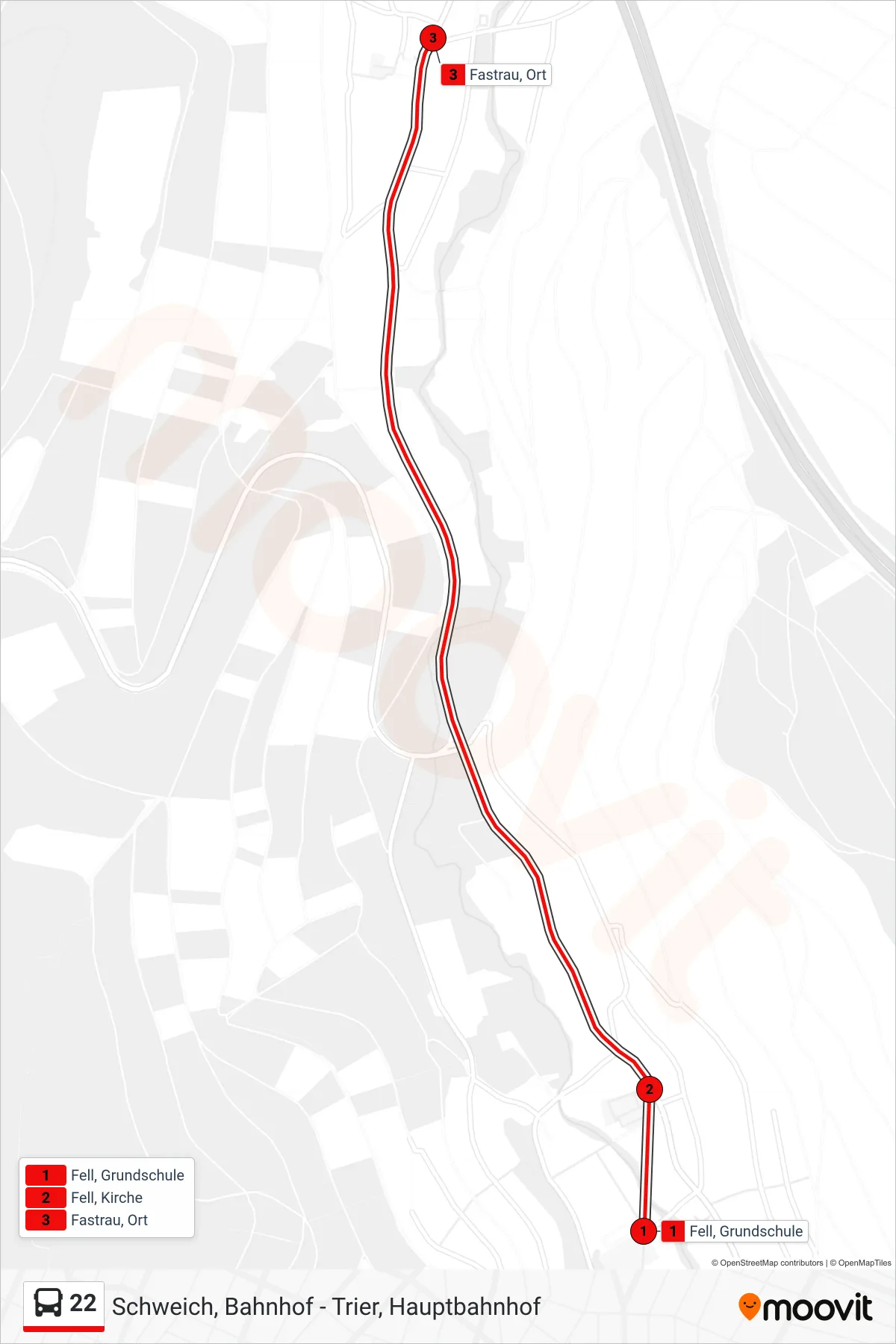 22 bus Line (Fastrau, Ort) route and stops on a map