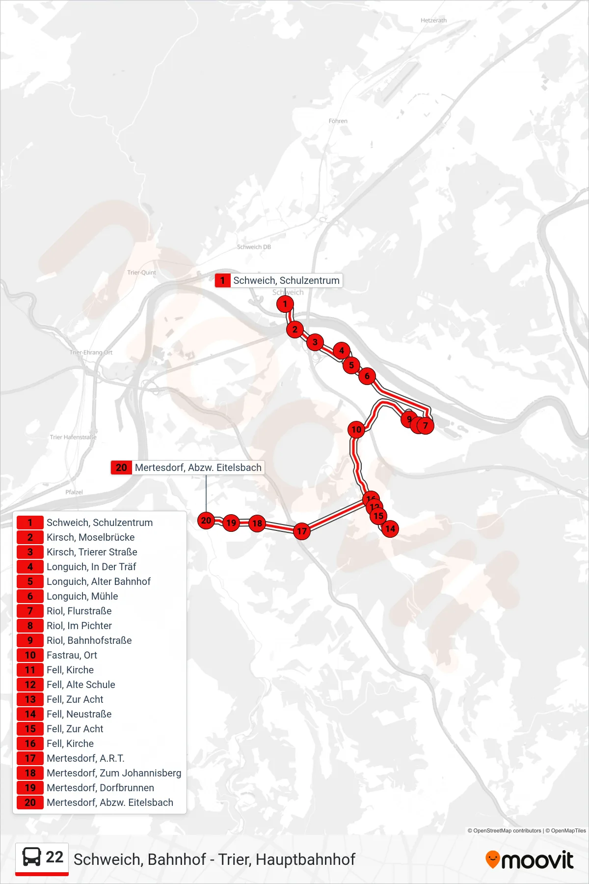 22 bus Line (Mertesdorf, Abzw. Eitelsbach) route and stops on a map