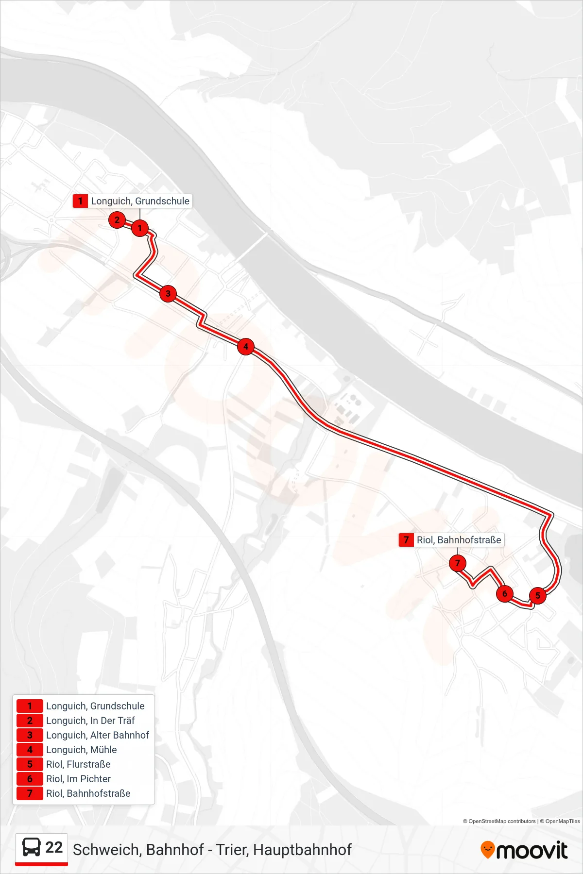 22 bus Line (Riol, Bahnhofstraße) route and stops on a map