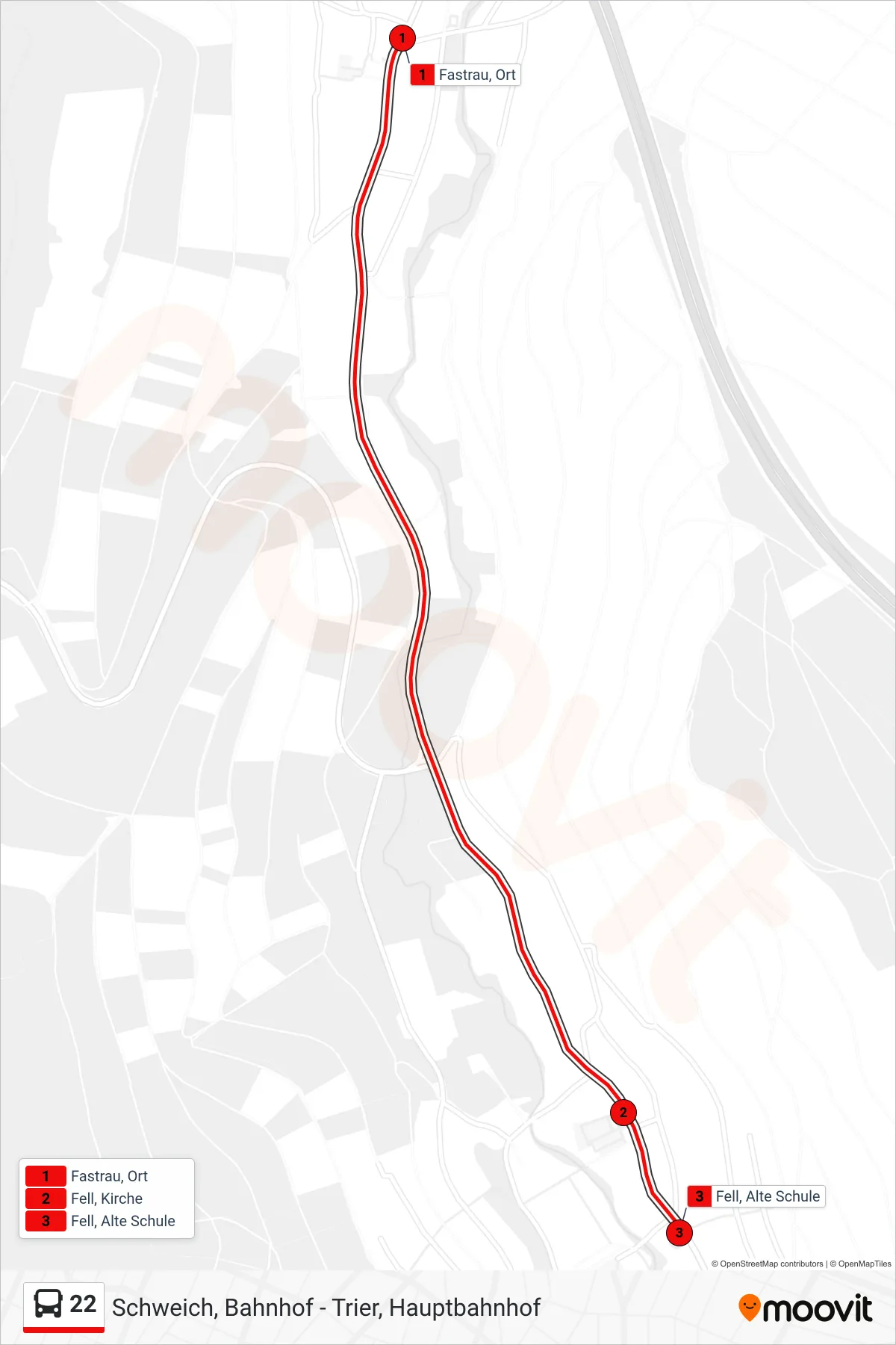 Linie 22 (Bus) Richtung Fell, Alte Schule: Route und Haltestellen auf der Karte