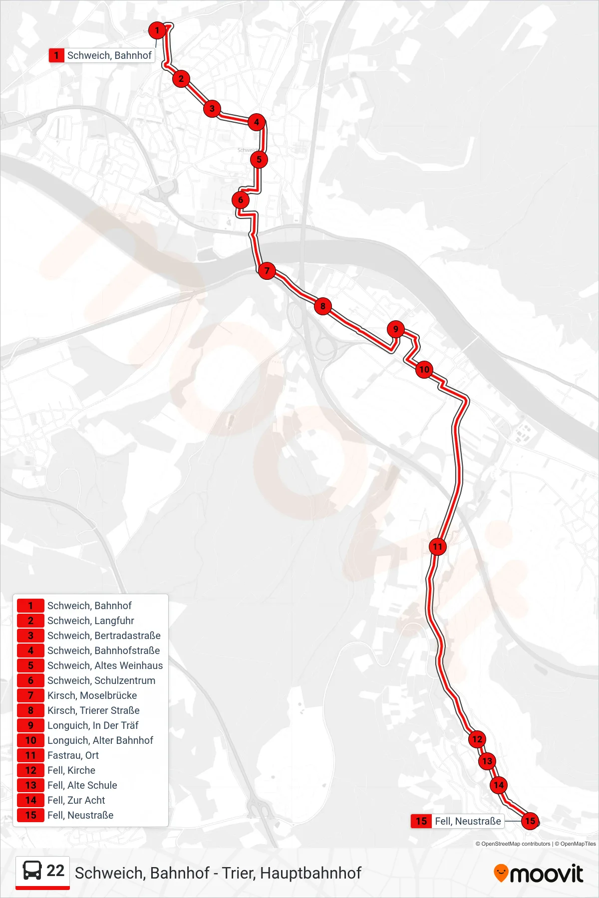 22 bus Line (Fell, Neustraße) route and stops on a map