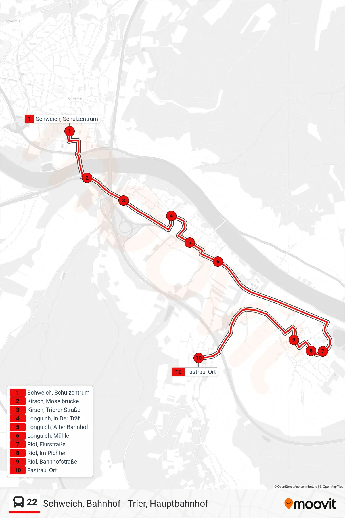22 bus Line (Fastrau, Ort) route and stops on a map