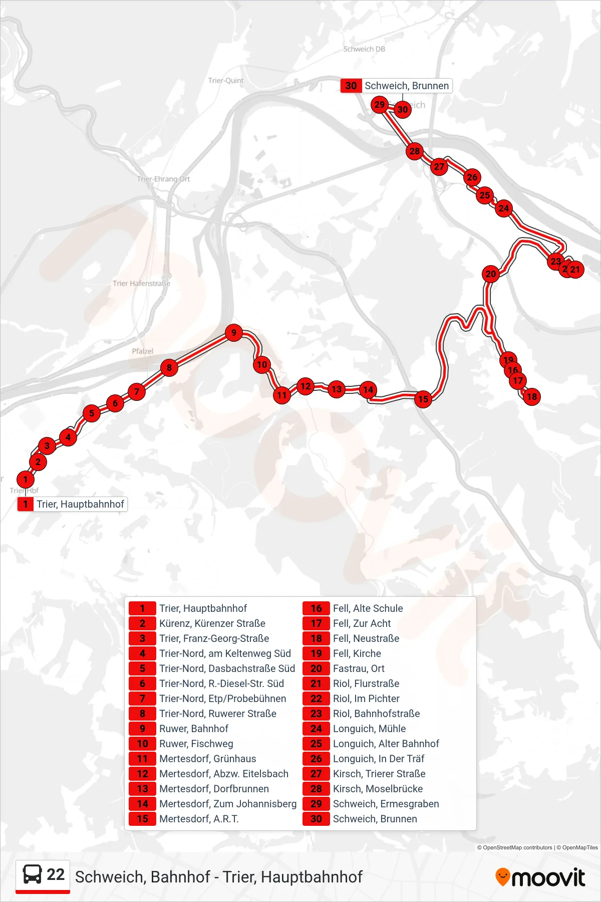 22 bus Line (Schweich, Brunnen) route and stops on a map