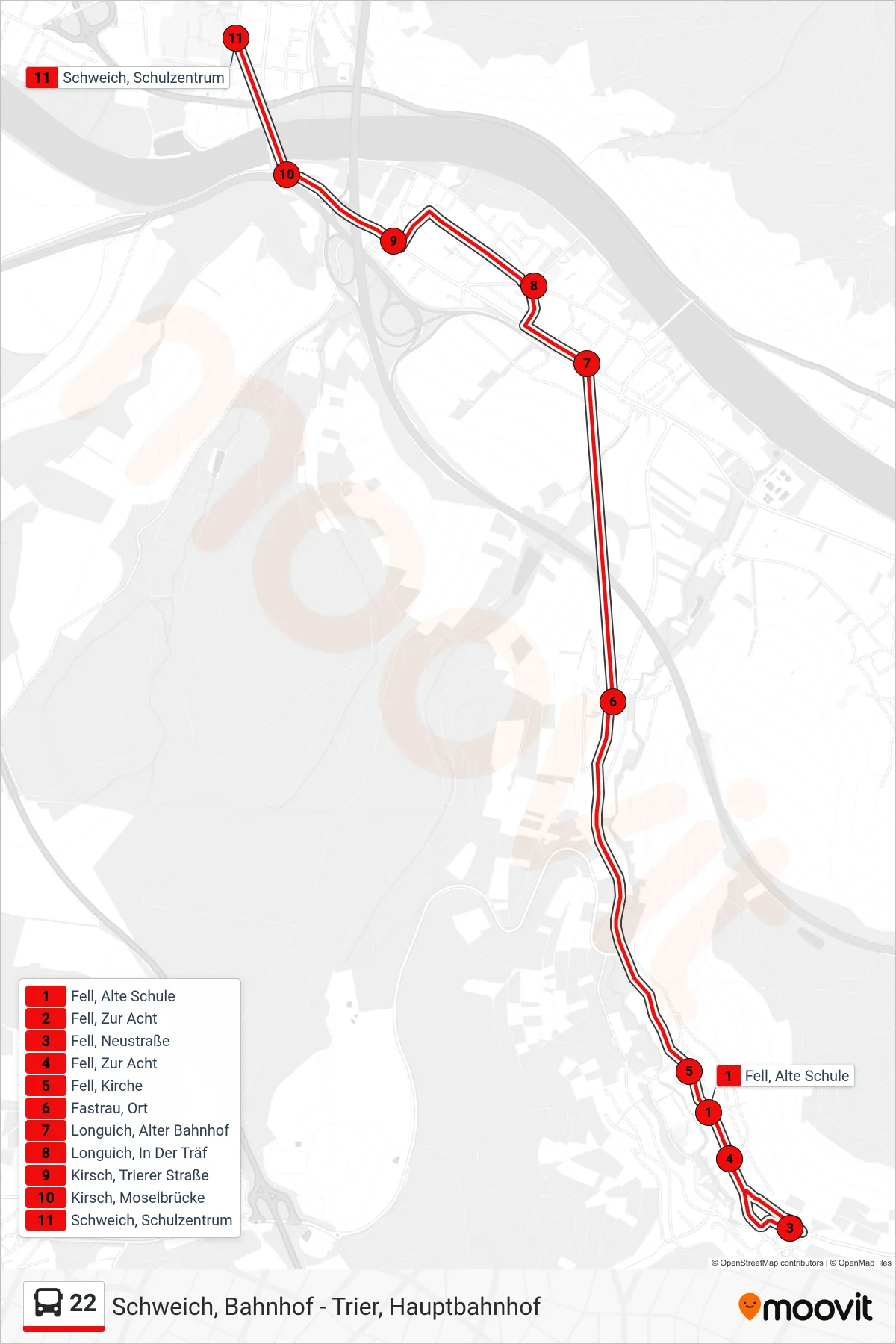 22 bus Line (Schweich, Schulzentrum) route and stops on a map