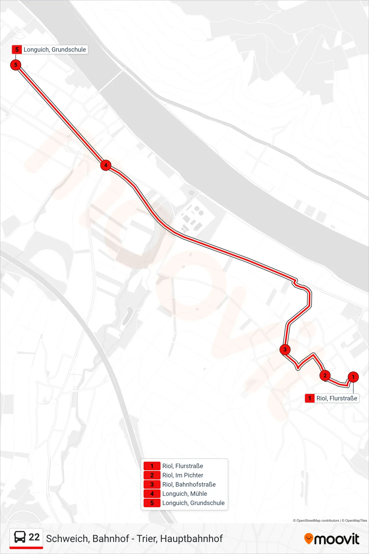 22 bus Line (Longuich, Grundschule) route and stops on a map
