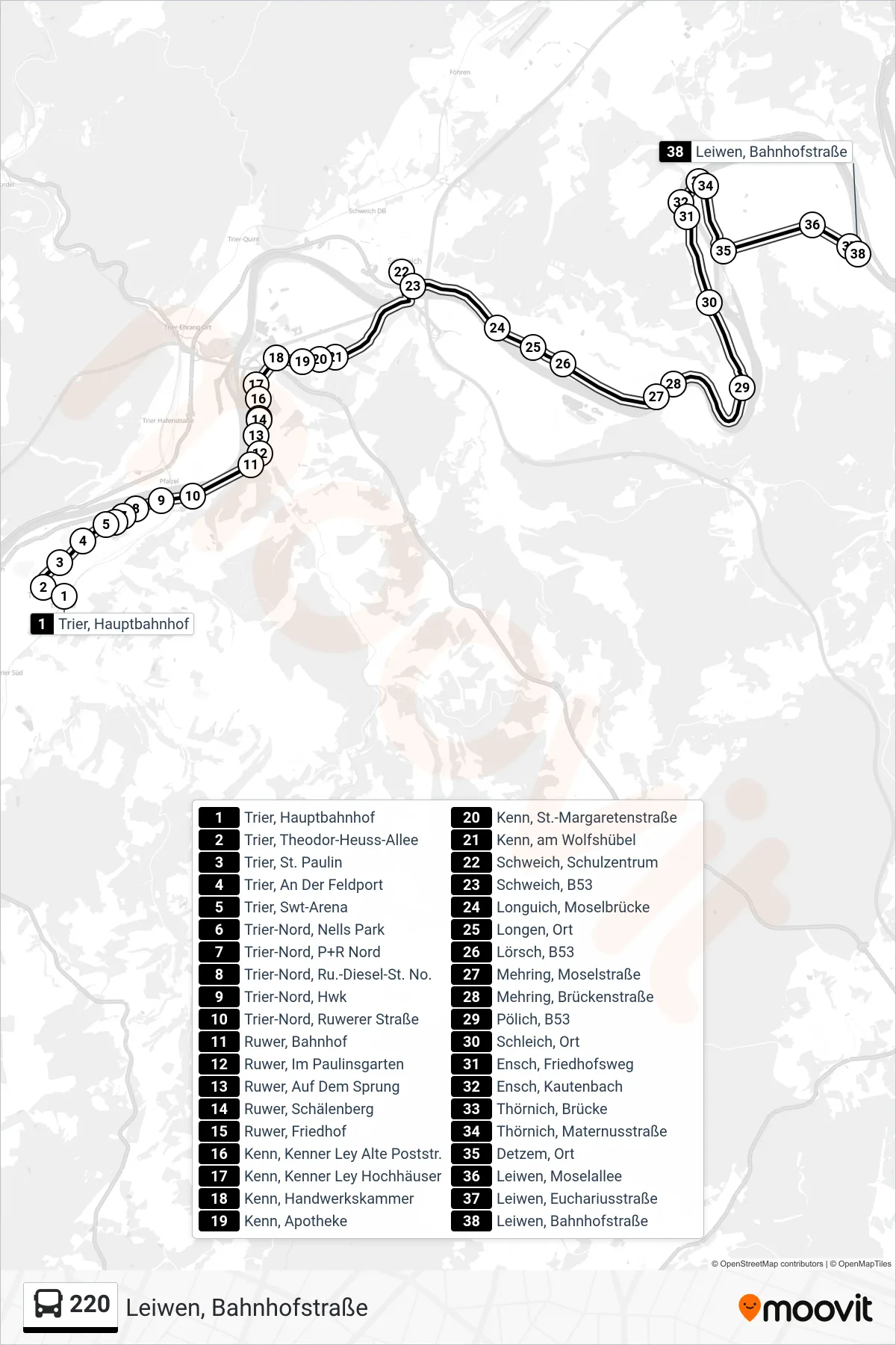220 bus Line (Leiwen, Bahnhofstraße) route and stops on a map