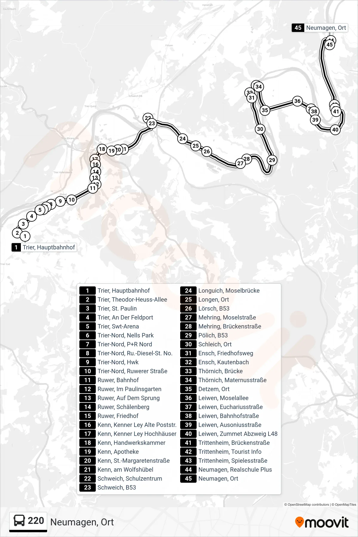 220 bus Line (Neumagen, Ort) route and stops on a map