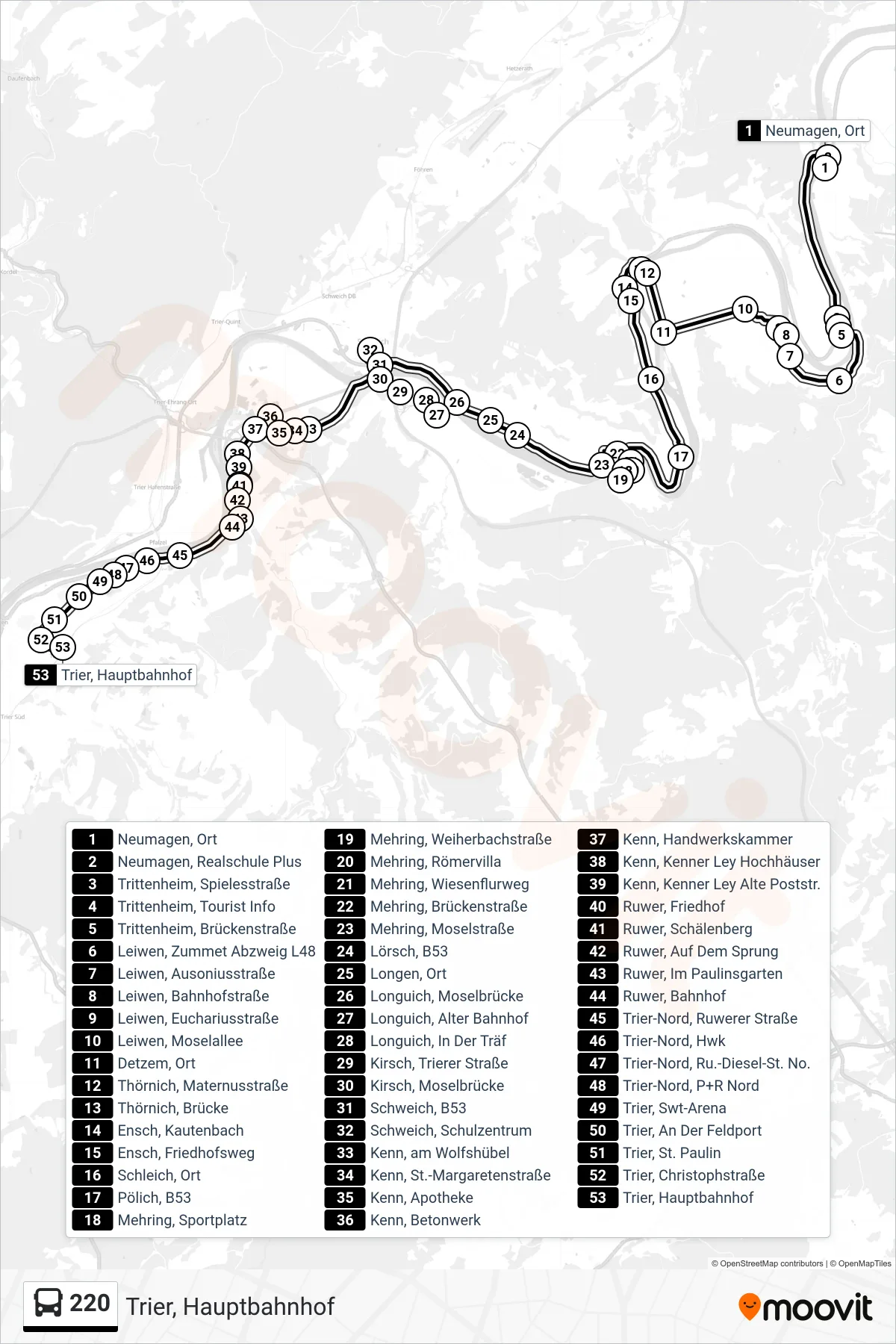 220 bus Line (Trier, Hauptbahnhof) route and stops on a map