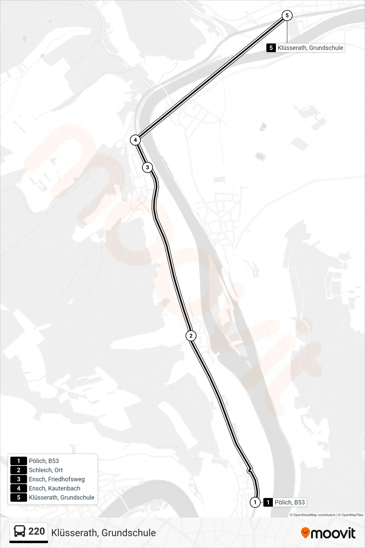 220 bus Line (Klüsserath, Grundschule) route and stops on a map