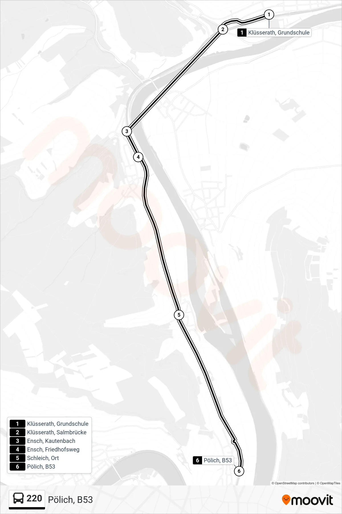 220 bus Line (Pölich, B53) route and stops on a map