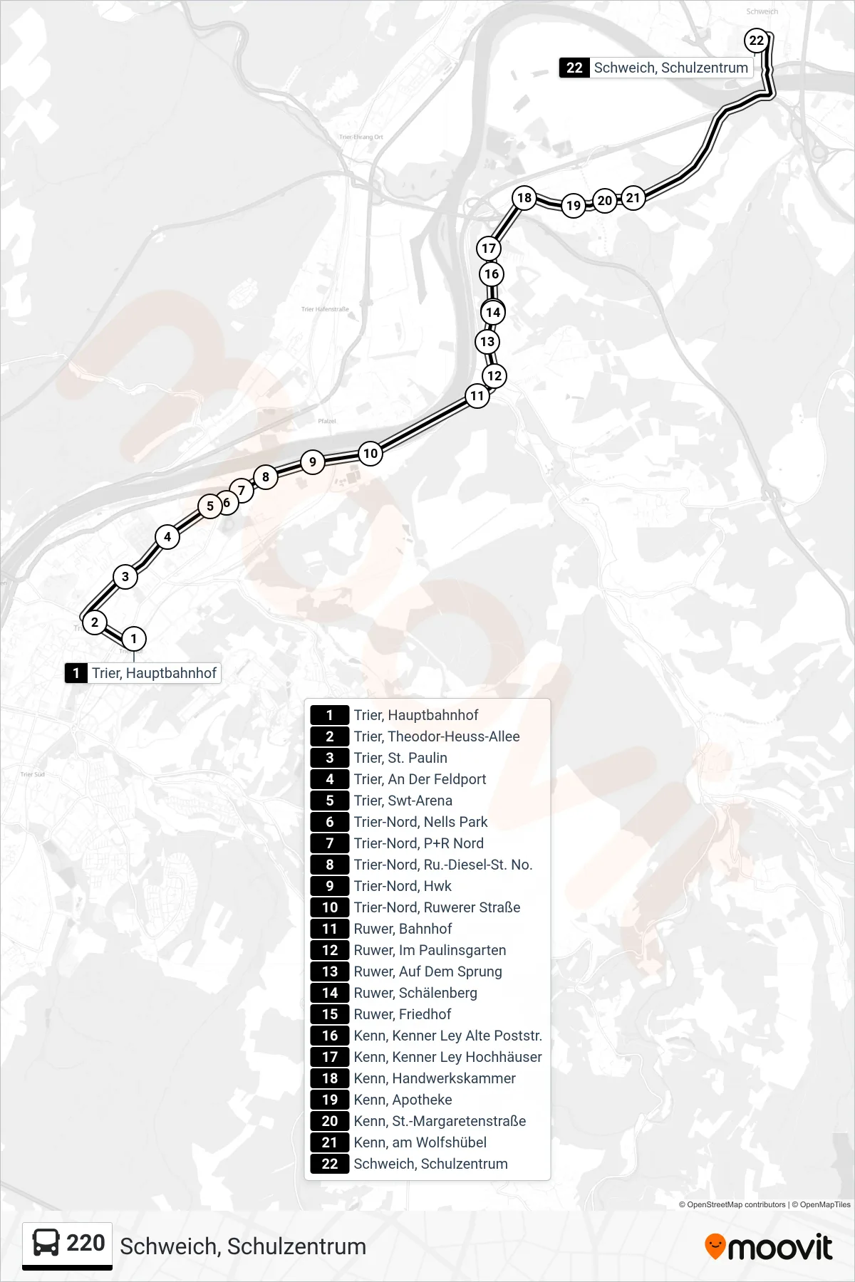 220 bus Line (Schweich, Schulzentrum) route and stops on a map