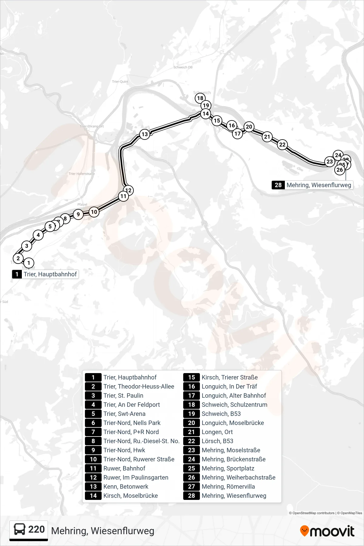 Linie 220 (Bus) Richtung Mehring, Wiesenflurweg: Route und Haltestellen auf der Karte