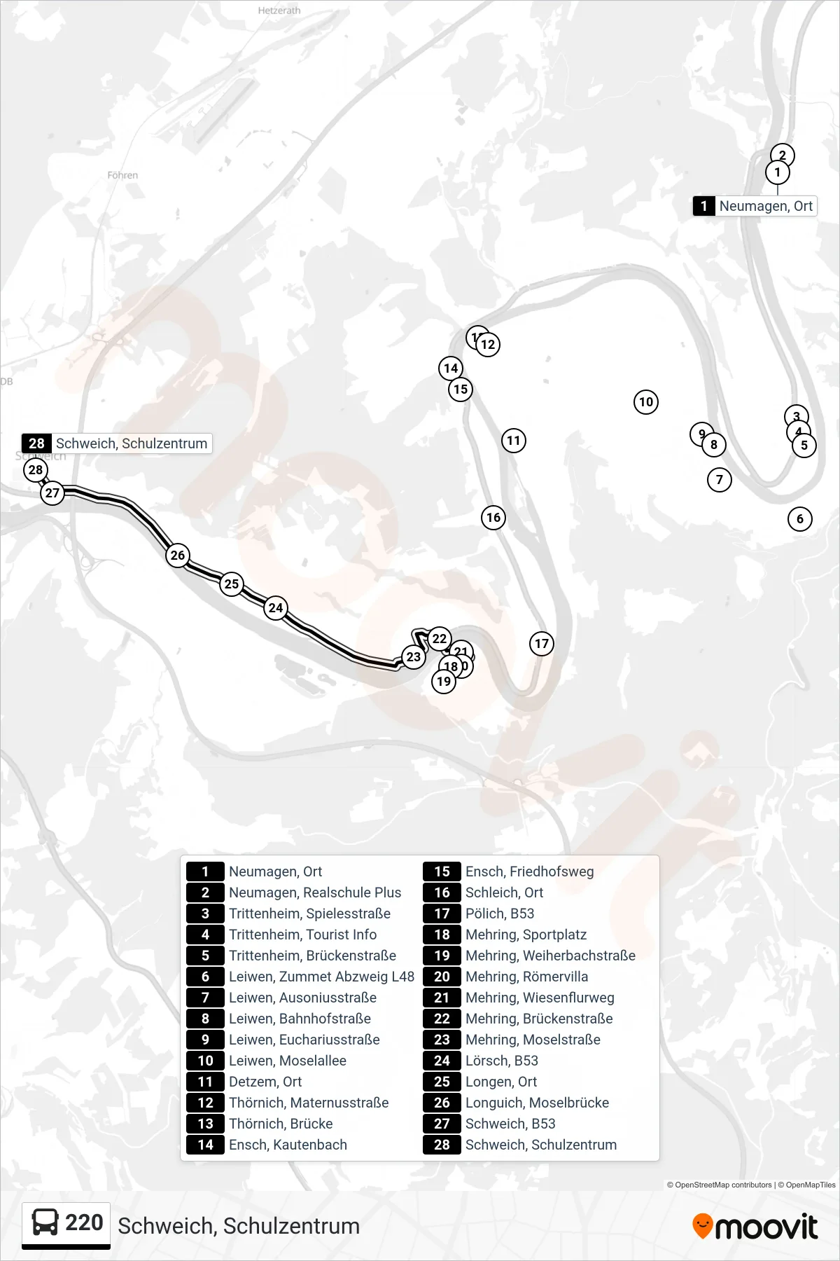 220 bus Line (Schweich, Schulzentrum) route and stops on a map