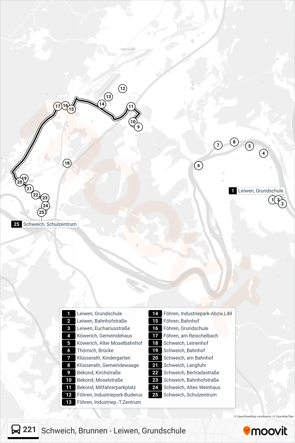 221 bus Line (Schweich, Schulzentrum) route and stops on a map
