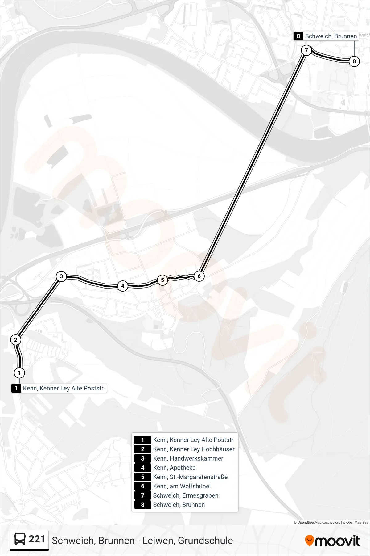 221 bus Line (Schweich, Brunnen) route and stops on a map