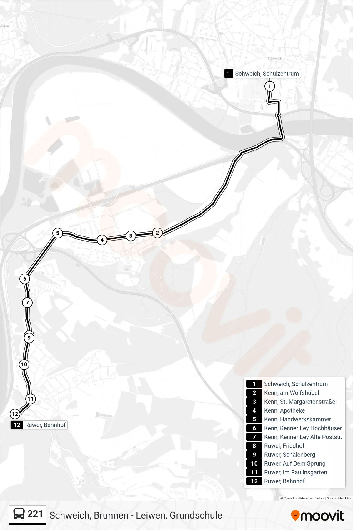 221 bus Line (Ruwer, Bahnhof) route and stops on a map