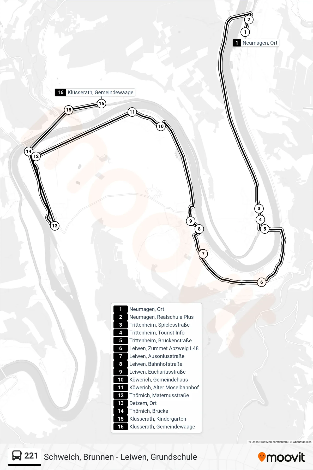 221 bus Line (Klüsserath, Gemeindewaage) route and stops on a map