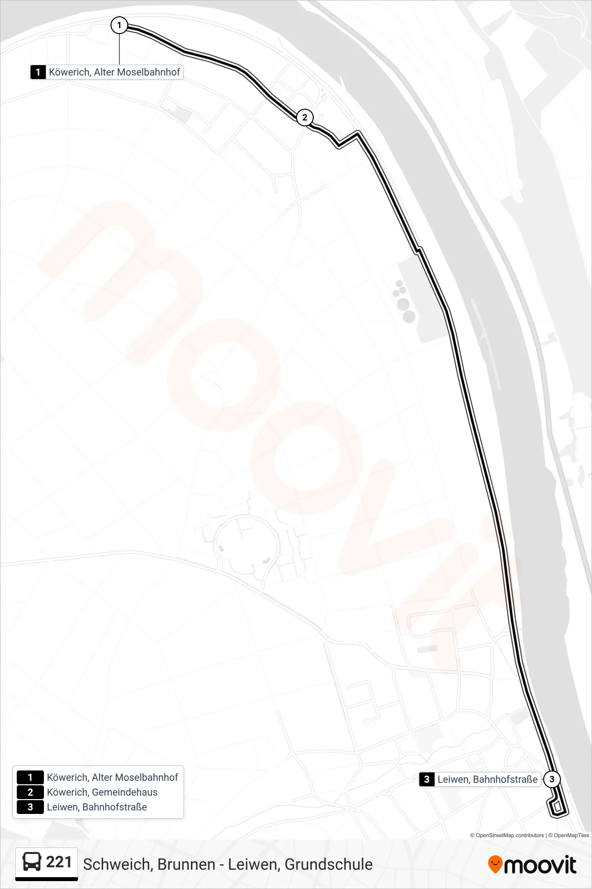 221 bus Line (Leiwen, Bahnhofstraße) route and stops on a map