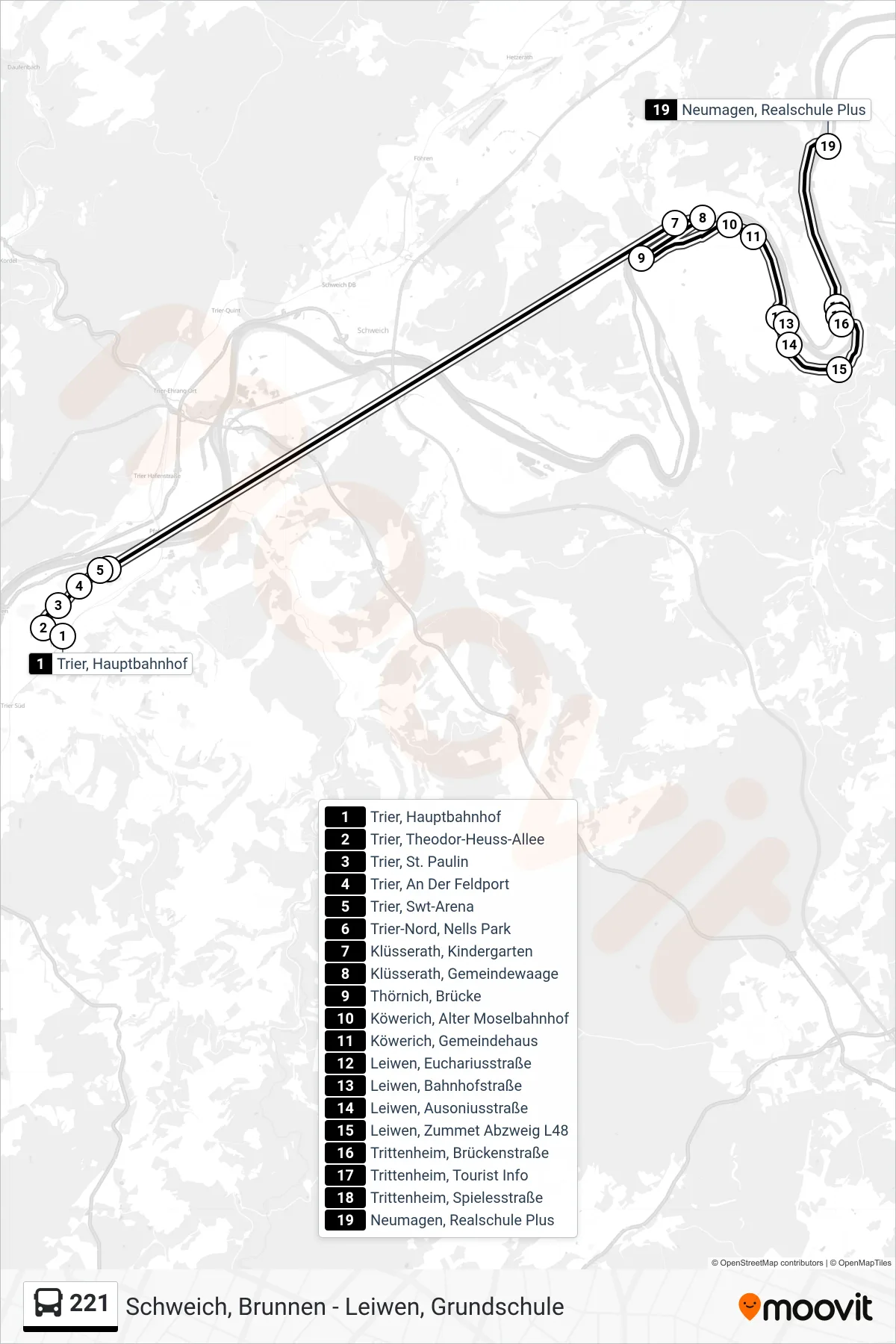 221 bus Line (Neumagen, Realschule Plus) route and stops on a map