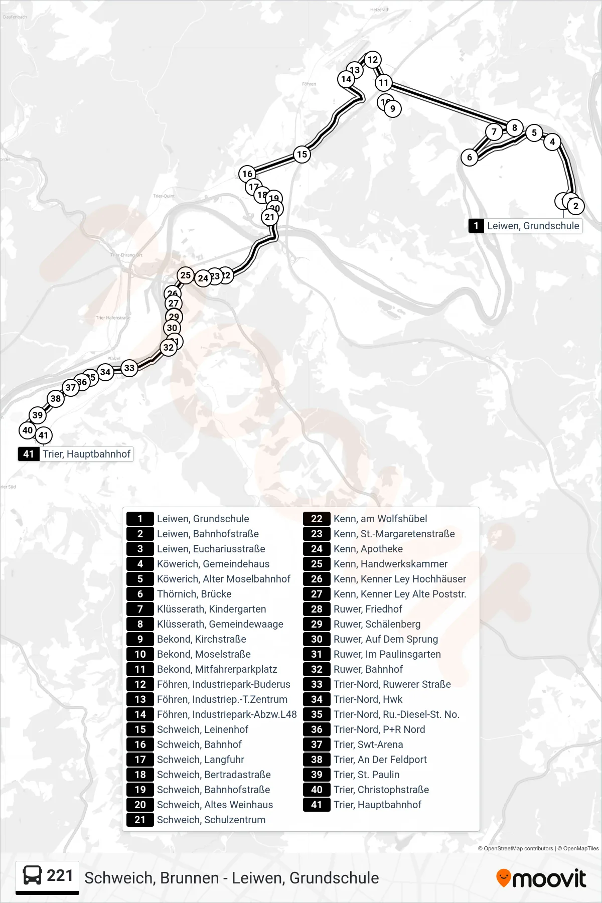 221 bus Line (Trier, Hauptbahnhof) route and stops on a map