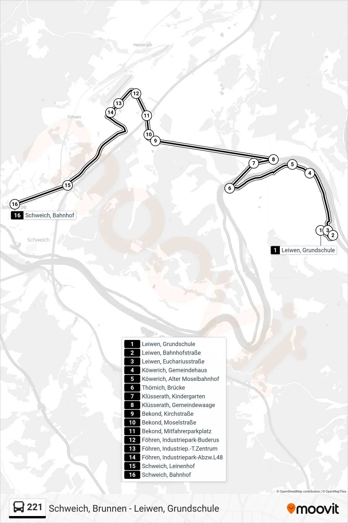 221 bus Line (Schweich, Bahnhof) route and stops on a map