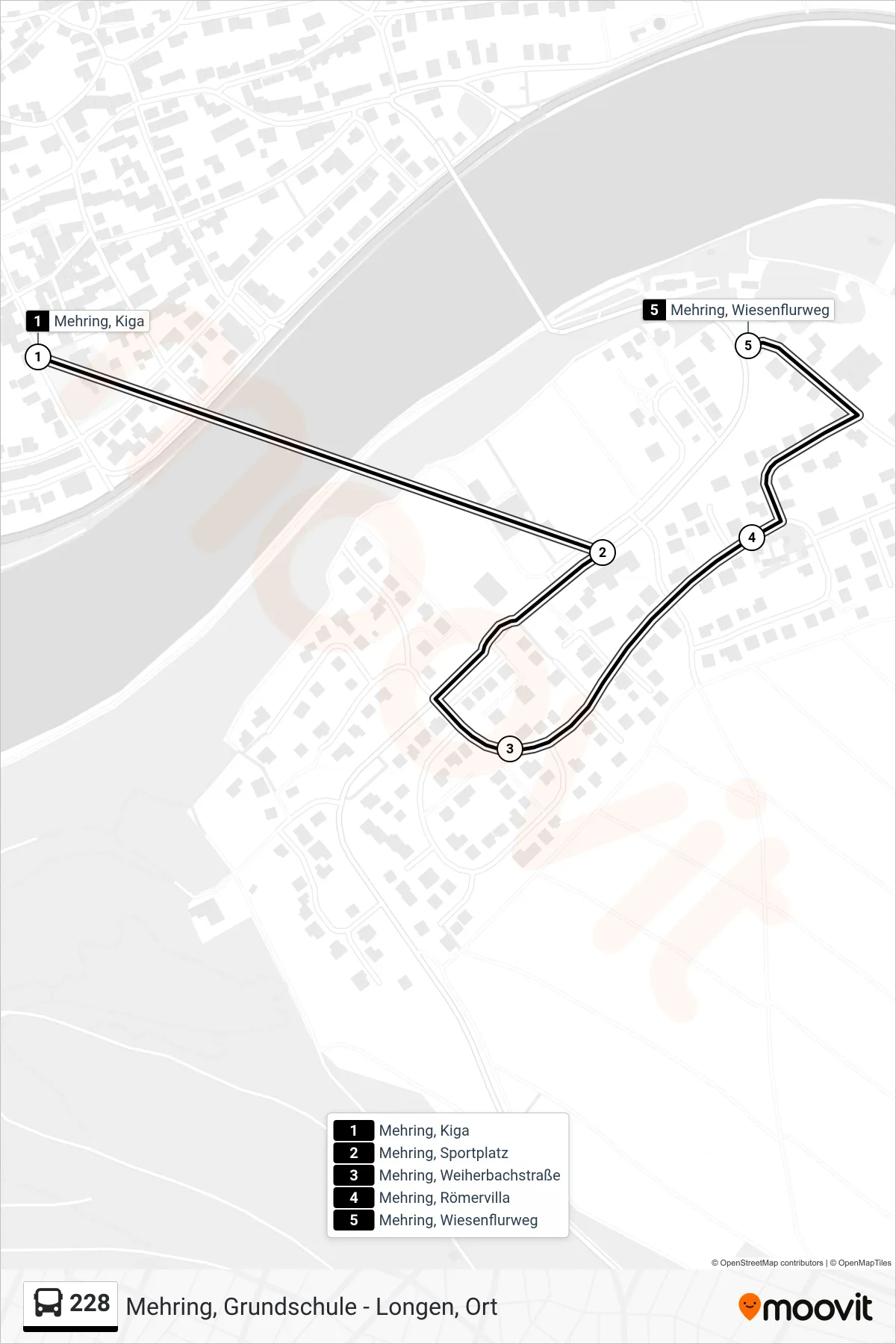 228 bus Line (Mehring, Wiesenflurweg) route and stops on a map