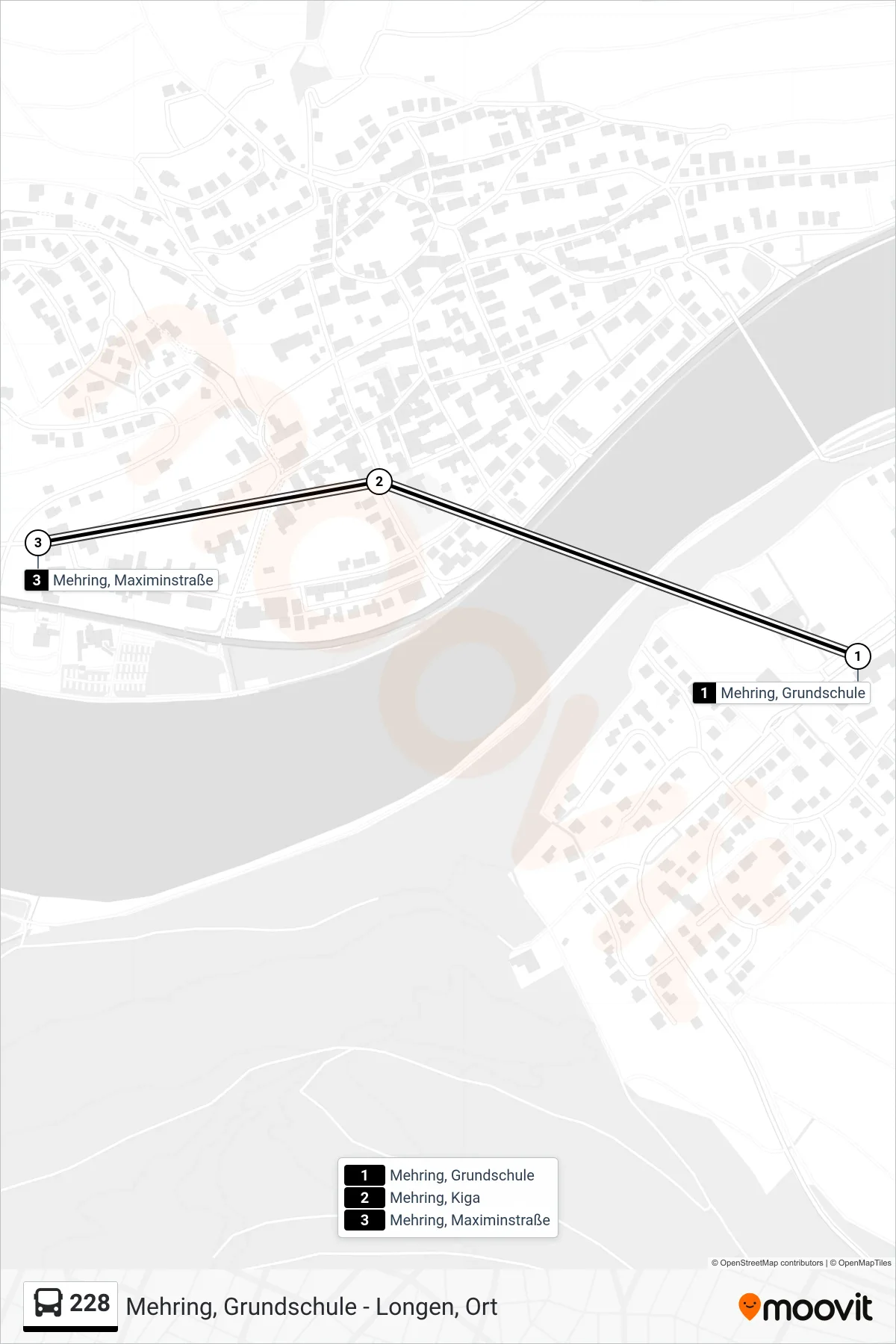 228 bus Line (Mehring, Maximinstraße) route and stops on a map