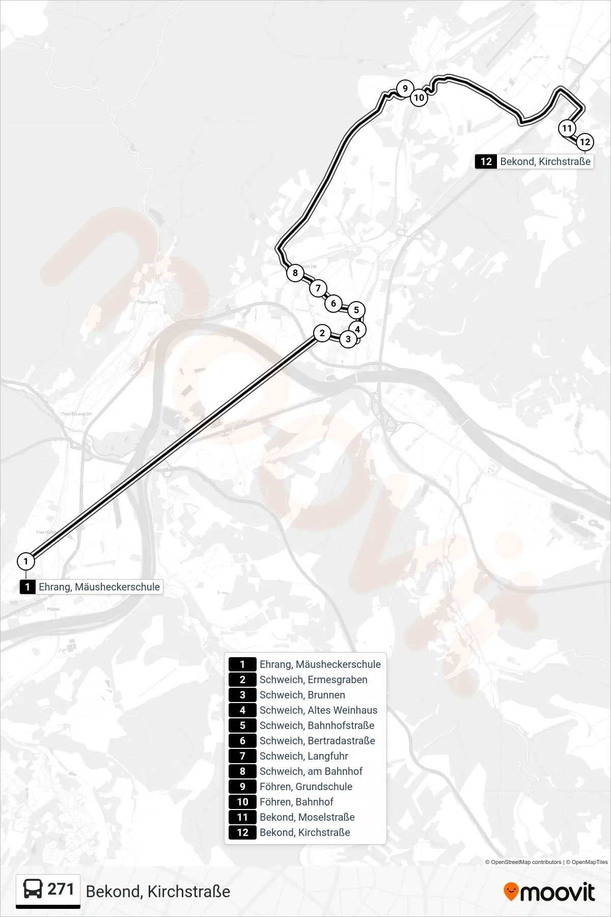 271 bus Line (Bekond, Kirchstraße) route and stops on a map