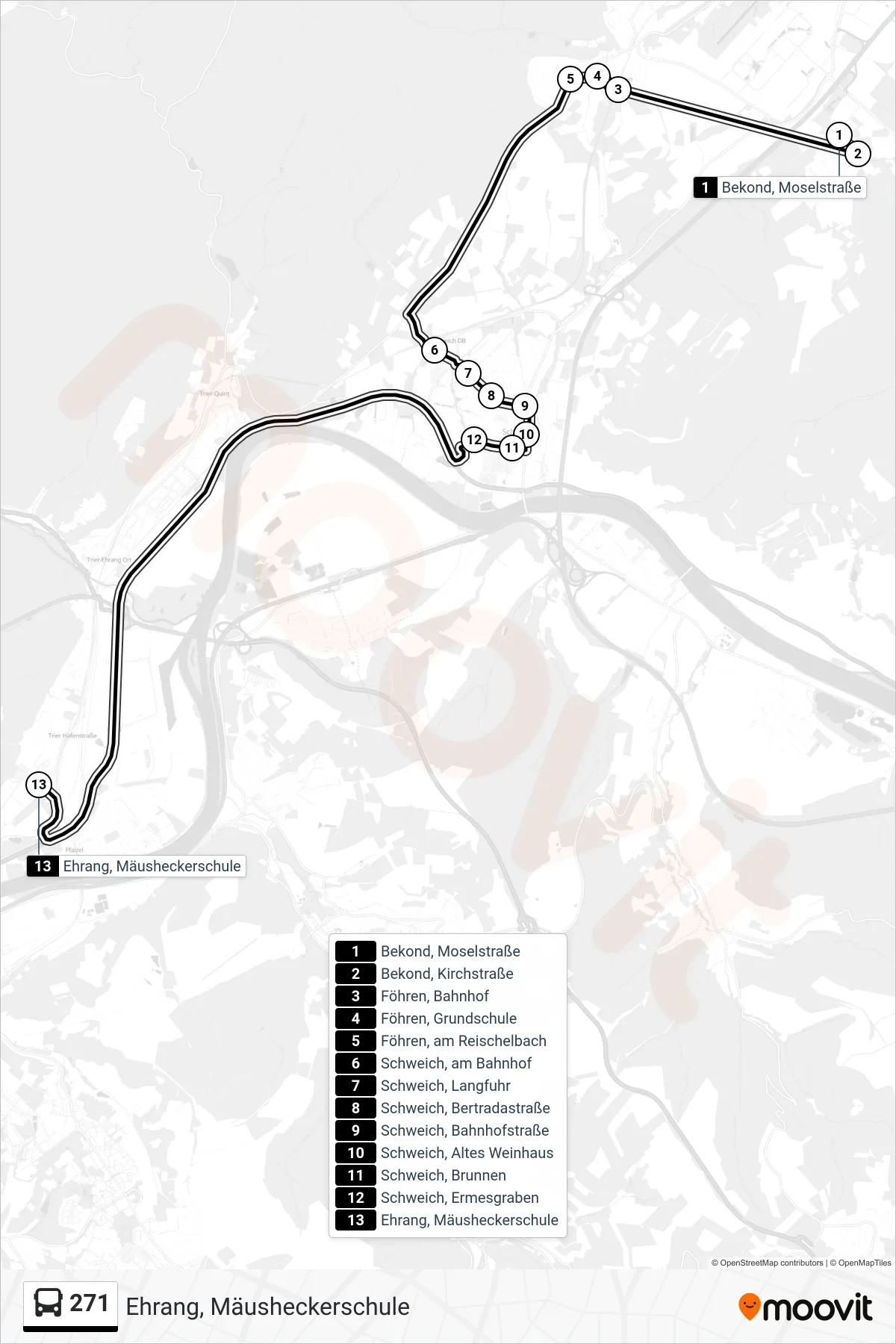 271 bus Line (Ehrang, Mäusheckerschule) route and stops on a map
