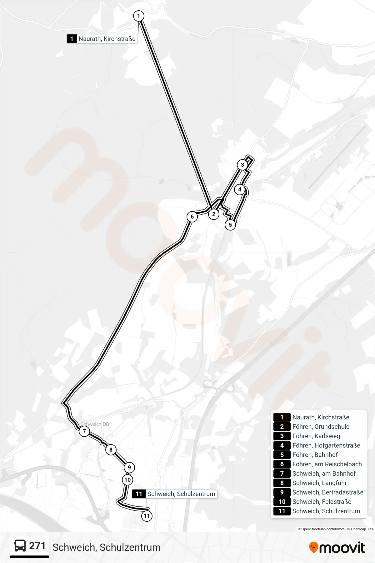 271 bus Line (Schweich, Schulzentrum) route and stops on a map